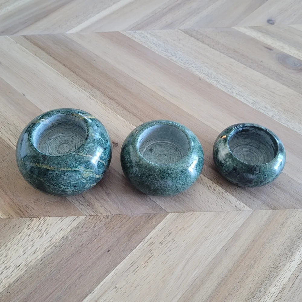 MCM Vintage Stone Green Marble Tealight Candle Holders - Romantic Retro